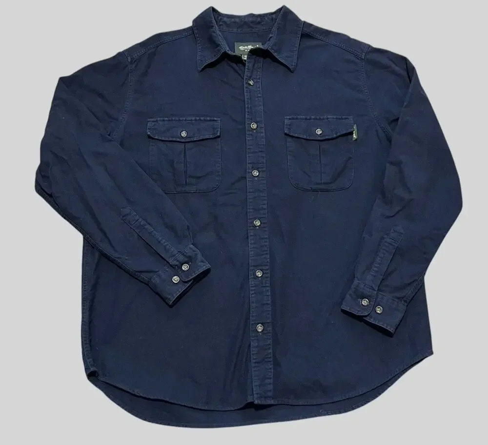 Vintage Eddie Bauer Chamois Shirt Navy Blue Long Sleeve Cotton Flannel Large